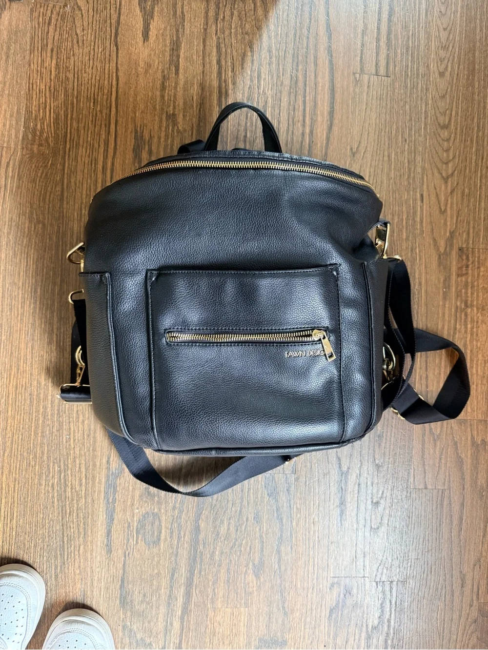 Fawn Design Black Leather Backpack with Gold Hardware